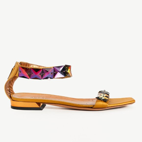 Gucci Gold Satin Jewel-Embellished Sandals - Picture 1 of 9